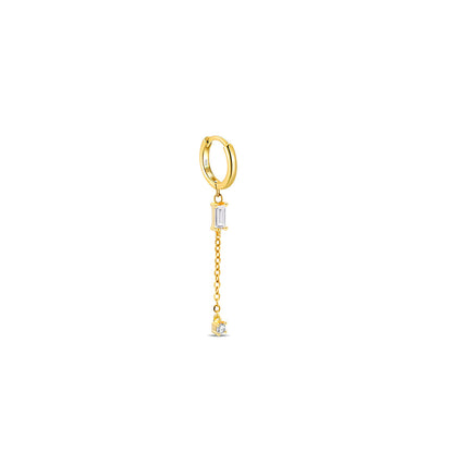 chain dangling hoop earring with baguette and round stones.