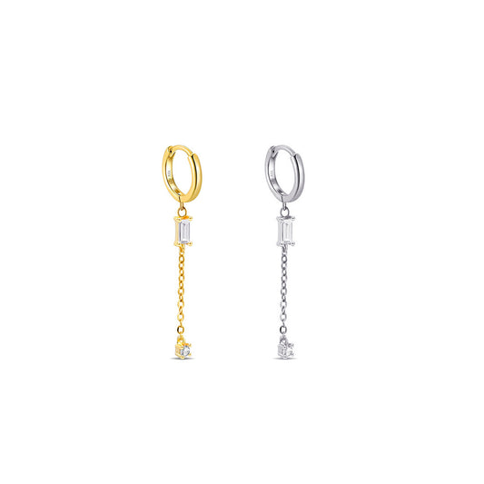chain dangling hoop earring with baguette and round stones.