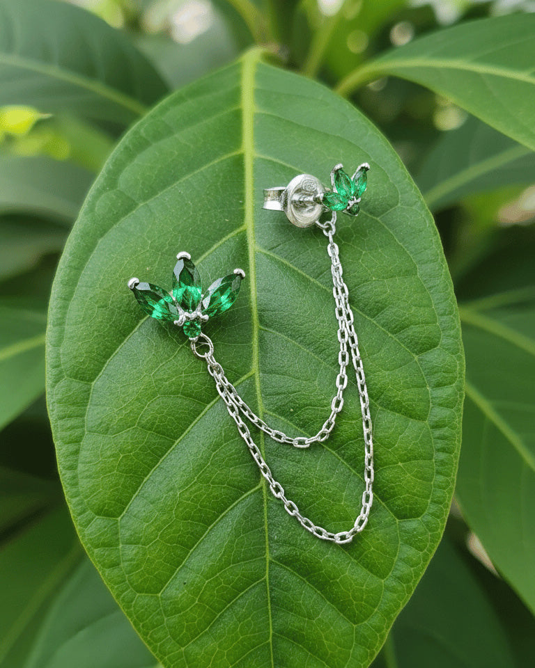 emerald color lotus shape double stud earring with dangling removable double chain.