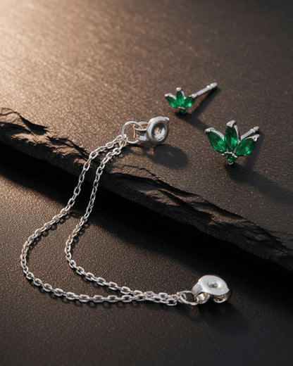 emerald color lotus shape double stud earring with dangling removable double chain.