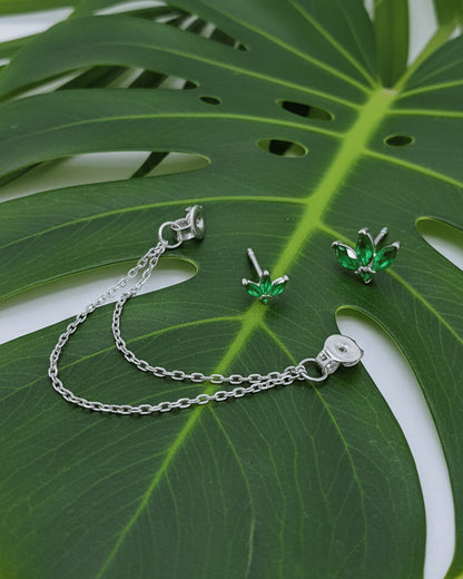 emerald color lotus shape double stud earring with dangling removable double chain.
