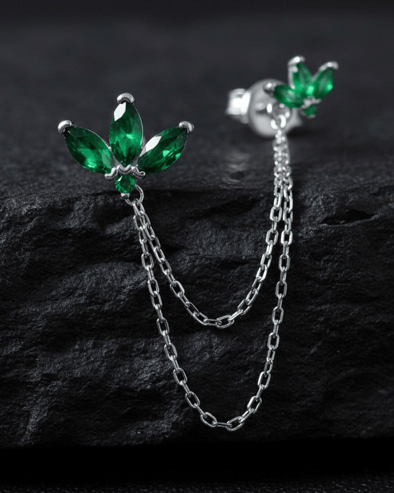 emerald color lotus shape double stud earring with dangling removable double chain.
