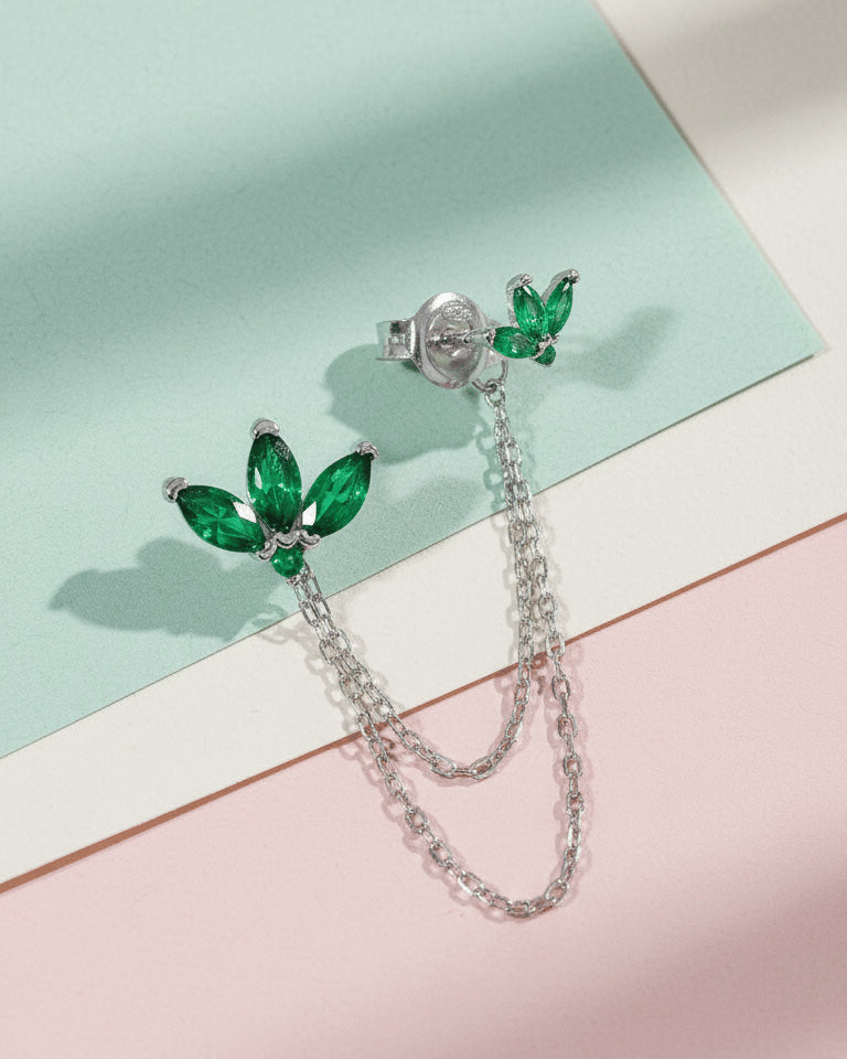 emerald color lotus shape double stud earring with dangling removable double chain.