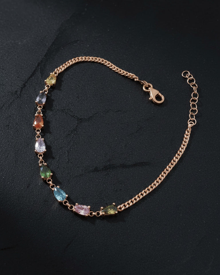 colored CZ pear shapes curb chain rosegold bracelet.