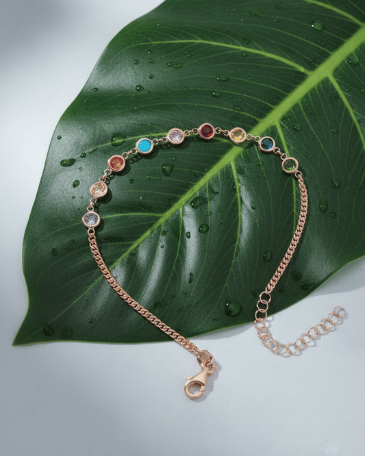 colored CZ round shapes curb chain rosegold bracelet.