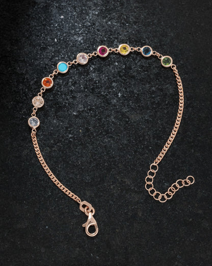 colored CZ round shapes curb chain rosegold bracelet.