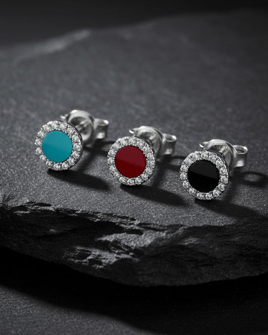 6mm flat stones in halo setting stud earrings.