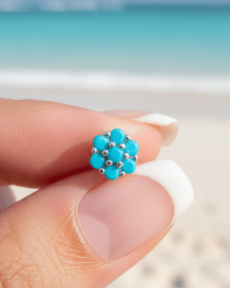 6mm round cluster of turquoise stones stud earring.