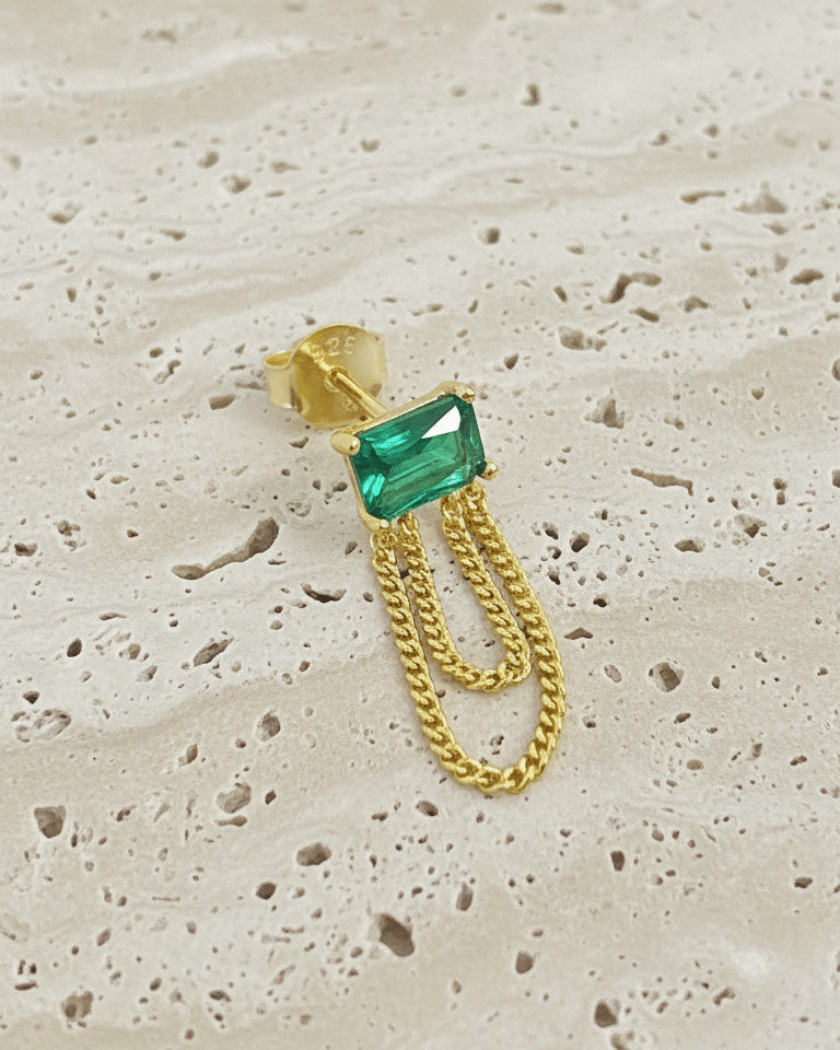 emerald color stud earring with double dangling chain.