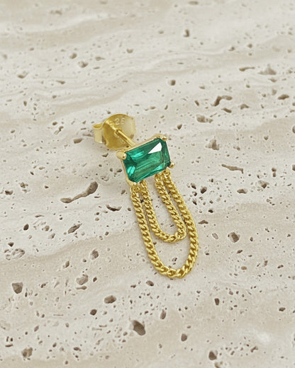 emerald color stud earring with double dangling chain.