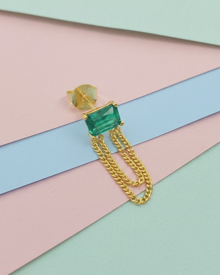 emerald color stud earring with double dangling chain.