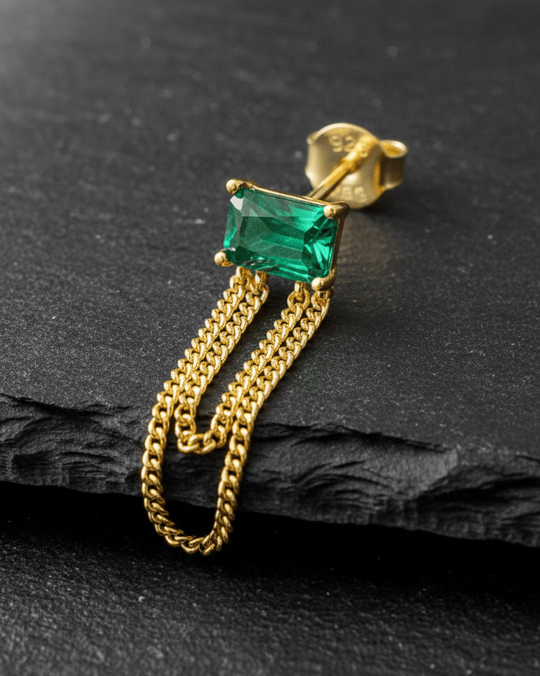 emerald color stud earring with double dangling chain.