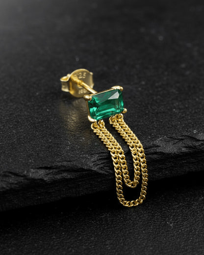 emerald color stud earring with double dangling chain.