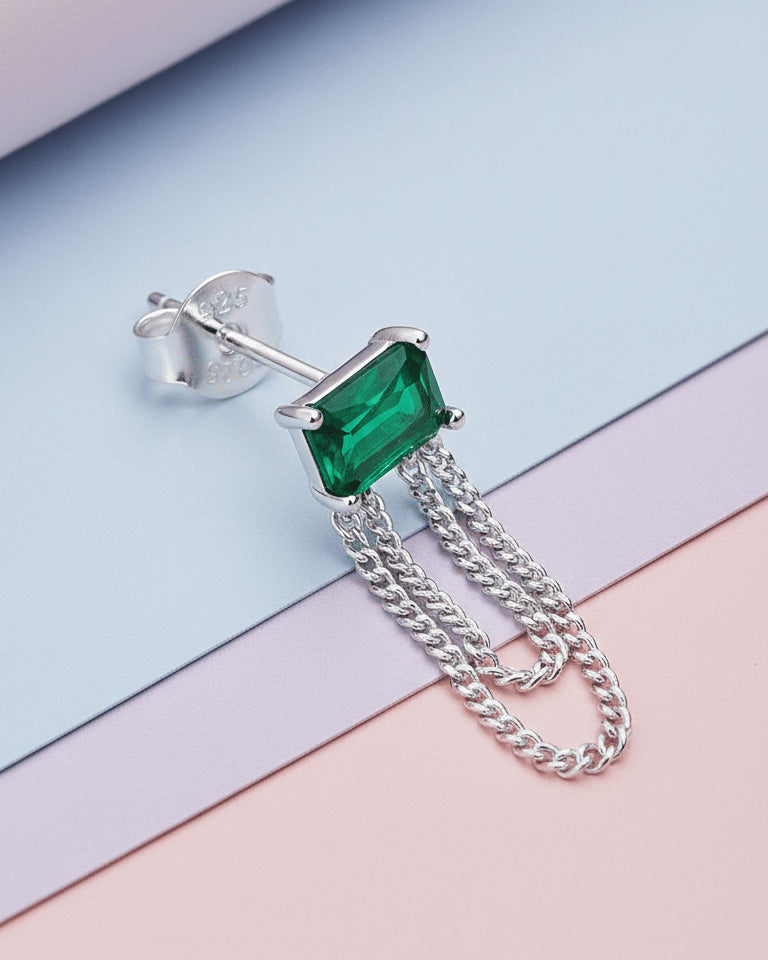 emerald color stud earring with double dangling chain.