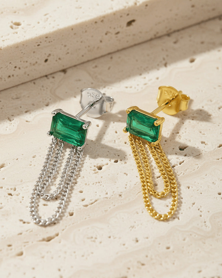 emerald color stud earring with double dangling chain.