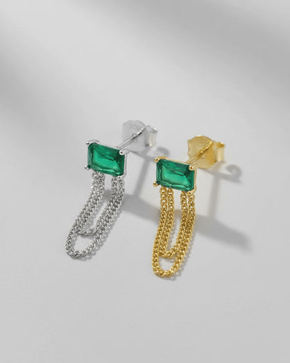 emerald color stud earring with double dangling chain.