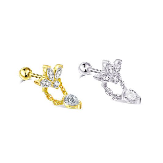 Lotus shape with dangling pear shape stone ballback piercing earring.