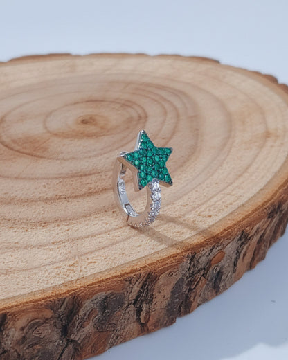 CZ green and white star huggie hoop.