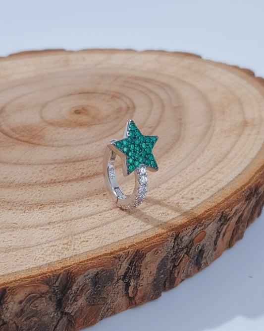 CZ green and white star huggie hoop.