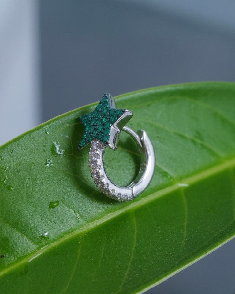 CZ green and white star huggie hoop.