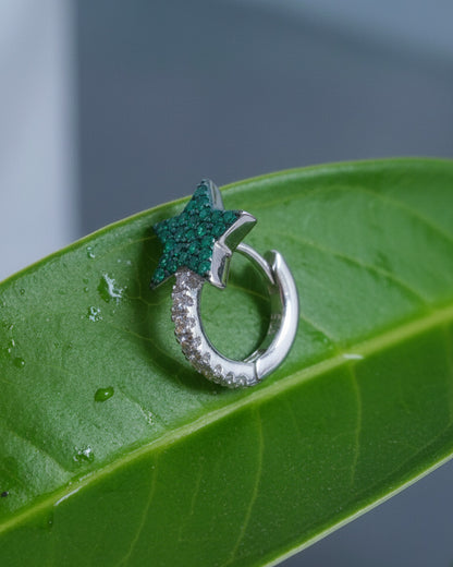 CZ green and white star huggie hoop.