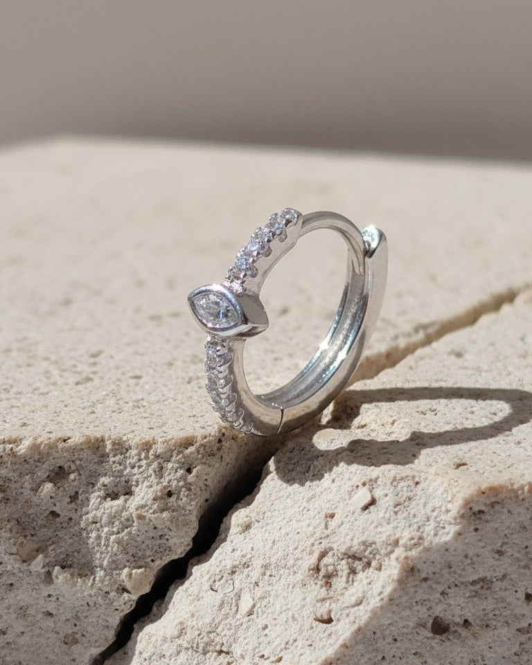 9mm CZ huggie hoop with a horizontal marquise stone.