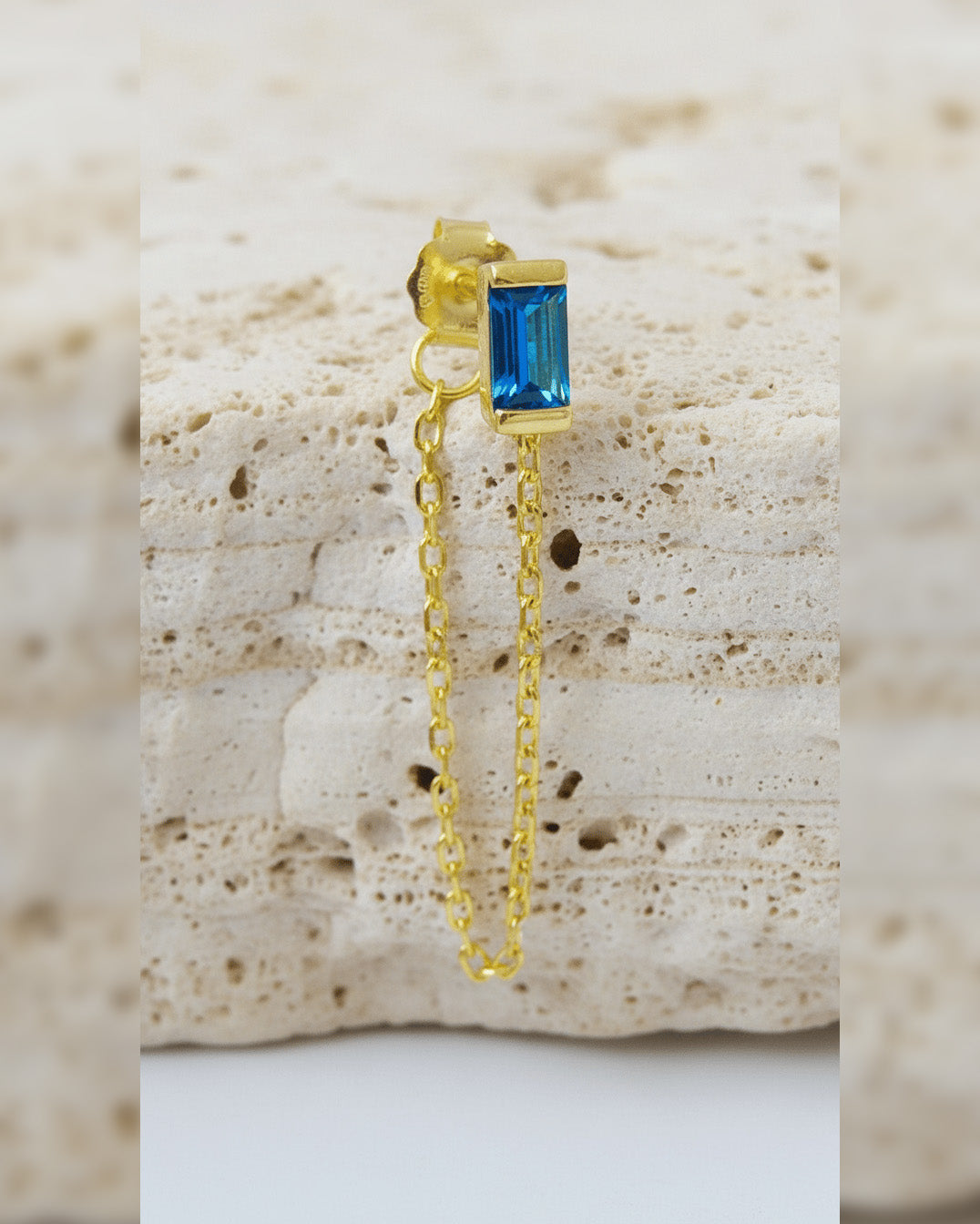 Sapphire Blue Emerald-Cut CZ Chain Stud Earring.