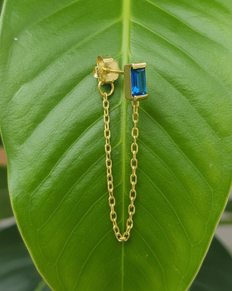 Sapphire Blue Emerald-Cut CZ Chain Stud Earring.