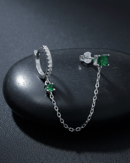 chain linked hoop and rectangular emerald color stone stud earring.