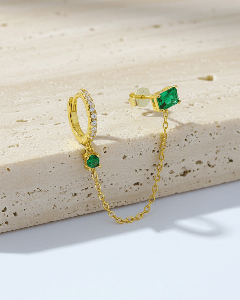 chain linked hoop and rectangular emerald color stone stud earring.