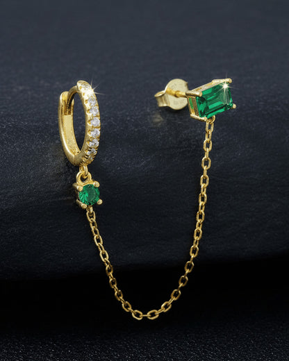 chain linked hoop and rectangular emerald color stone stud earring.