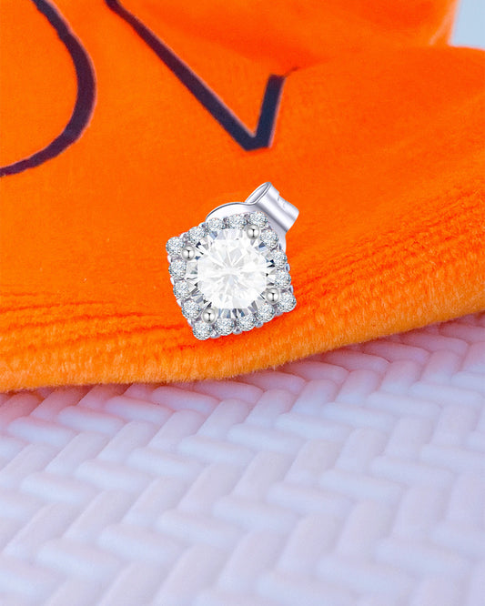 CZ round stone in a square halo setting stud earring.