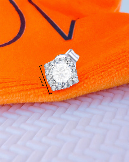CZ round stone in a square halo setting stud earring.