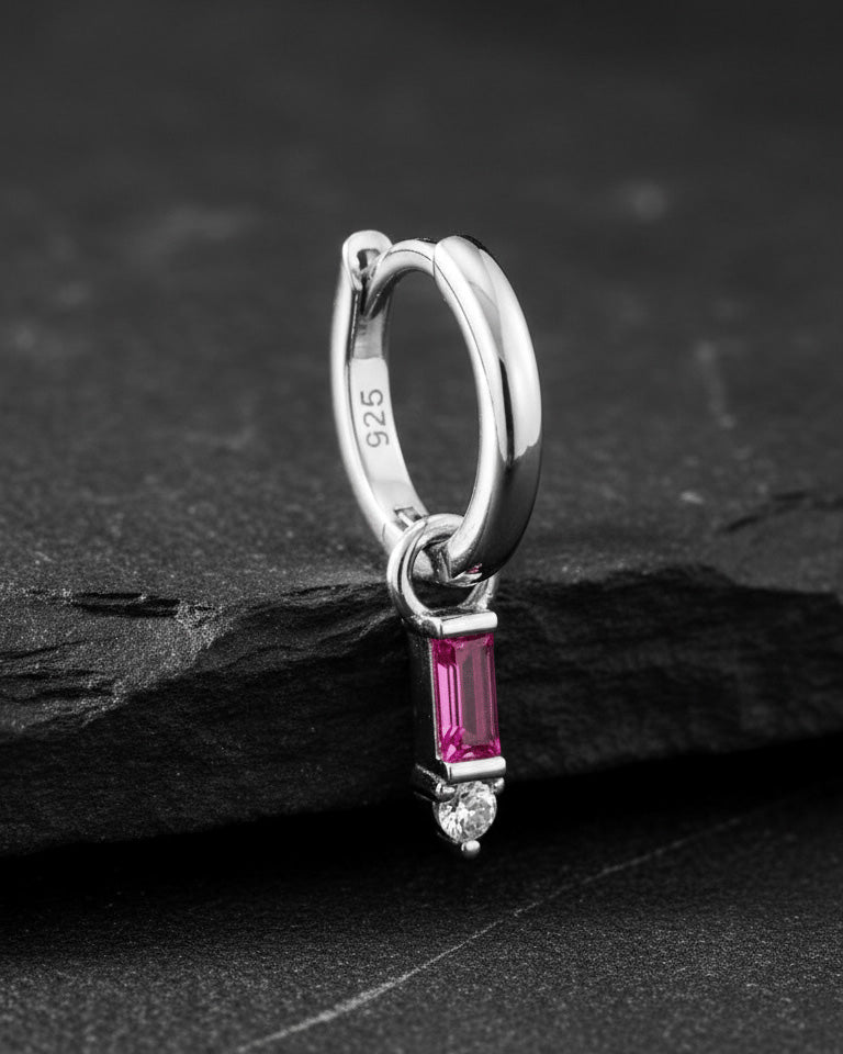 8 mm plain huggie hoop earring with dangling rectangular pink and round white stone.