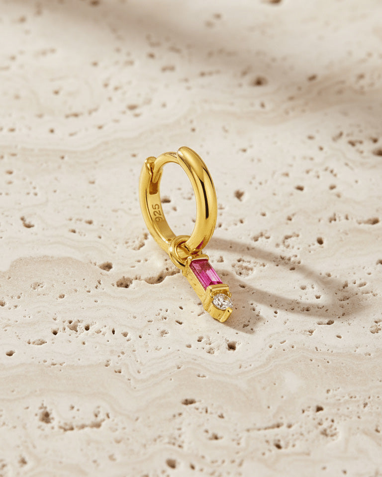 8 mm plain huggie hoop earring with dangling rectangular pink and round white stone.