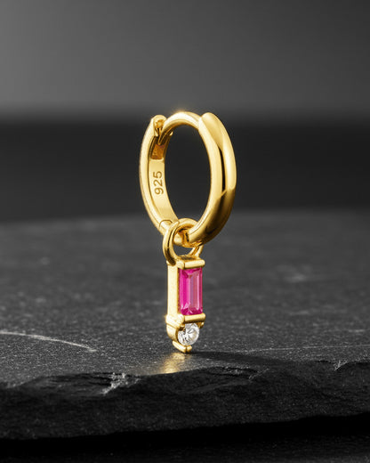 8 mm plain huggie hoop earring with dangling rectangular pink and round white stone.