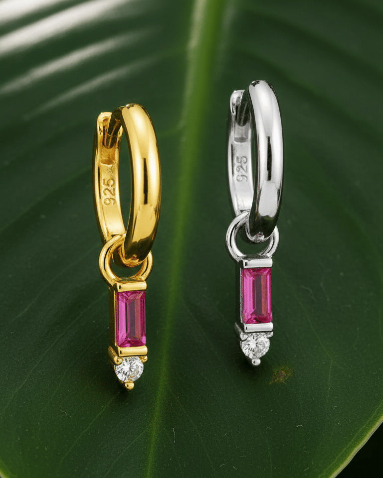8 mm plain huggie hoop earring with dangling rectangular pink and round white stone.