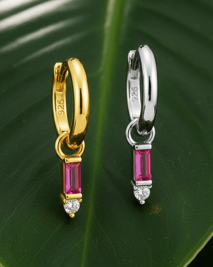 8 mm plain huggie hoop earring with dangling rectangular pink and round white stone.