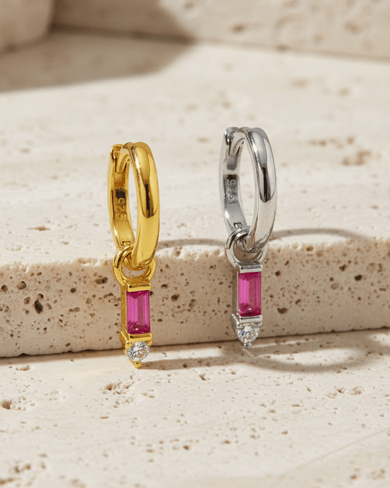 8 mm plain huggie hoop earring with dangling rectangular pink and round white stone.