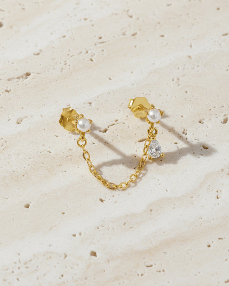 double stud chain earring of pearl and CZ pear stones.