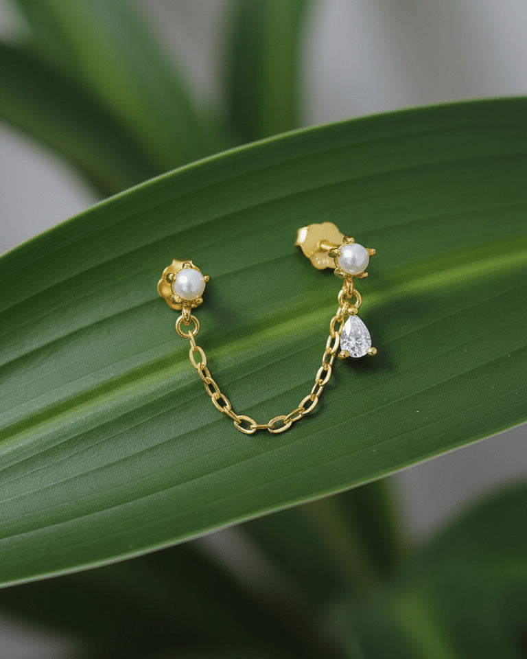 double stud chain earring of pearl and CZ pear stones.