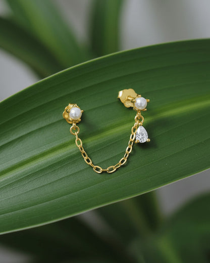 double stud chain earring of pearl and CZ pear stones.