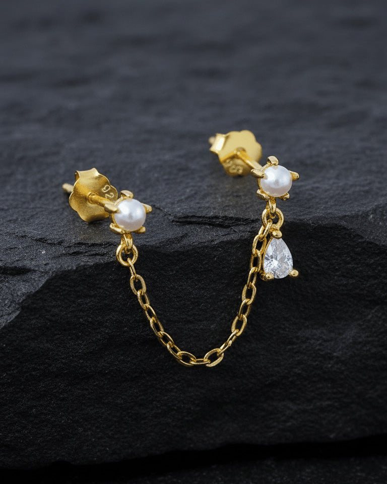 double stud chain earring of pearl and CZ pear stones.