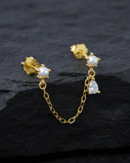 double stud chain earring of pearl and CZ pear stones.