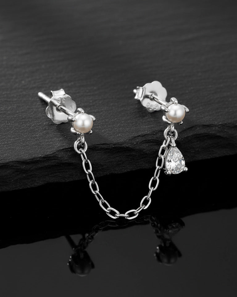 double stud chain earring of pearl and CZ pear stones.