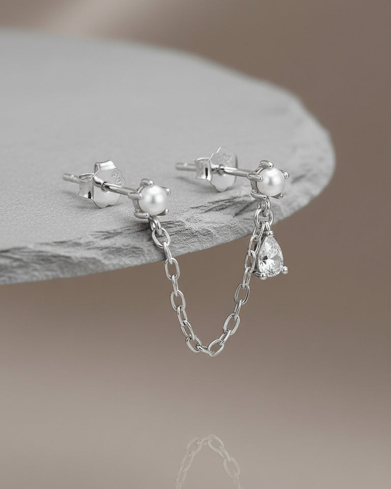 double stud chain earring of pearl and CZ pear stones.