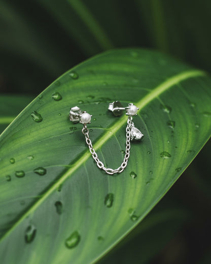 double stud chain earring of pearl and CZ pear stones.