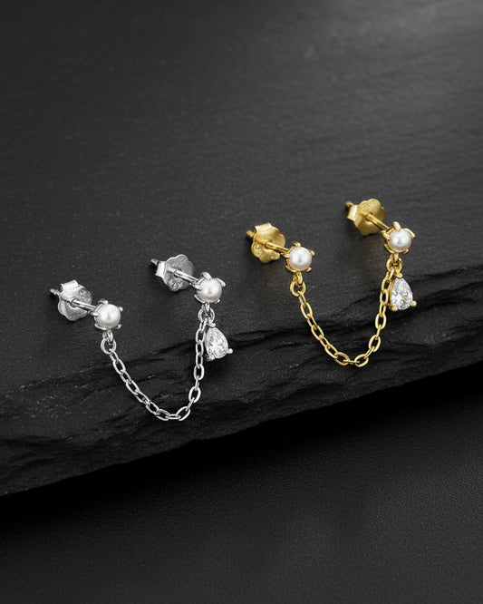 double stud chain earring of pearl and CZ pear stones.
