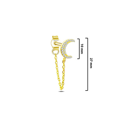 crescent shape stud earring with dangling chain.