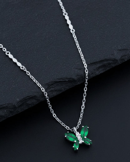 Sterling Silver Marquise Emerald Color Stones Butterfly Necklace